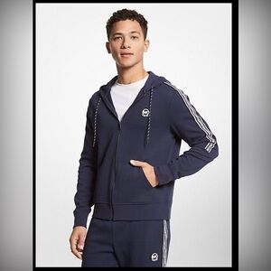 NWT Mens Michael Kors Logo Tape Cotton Blend Zip-Up Hoodie Medium- Navy